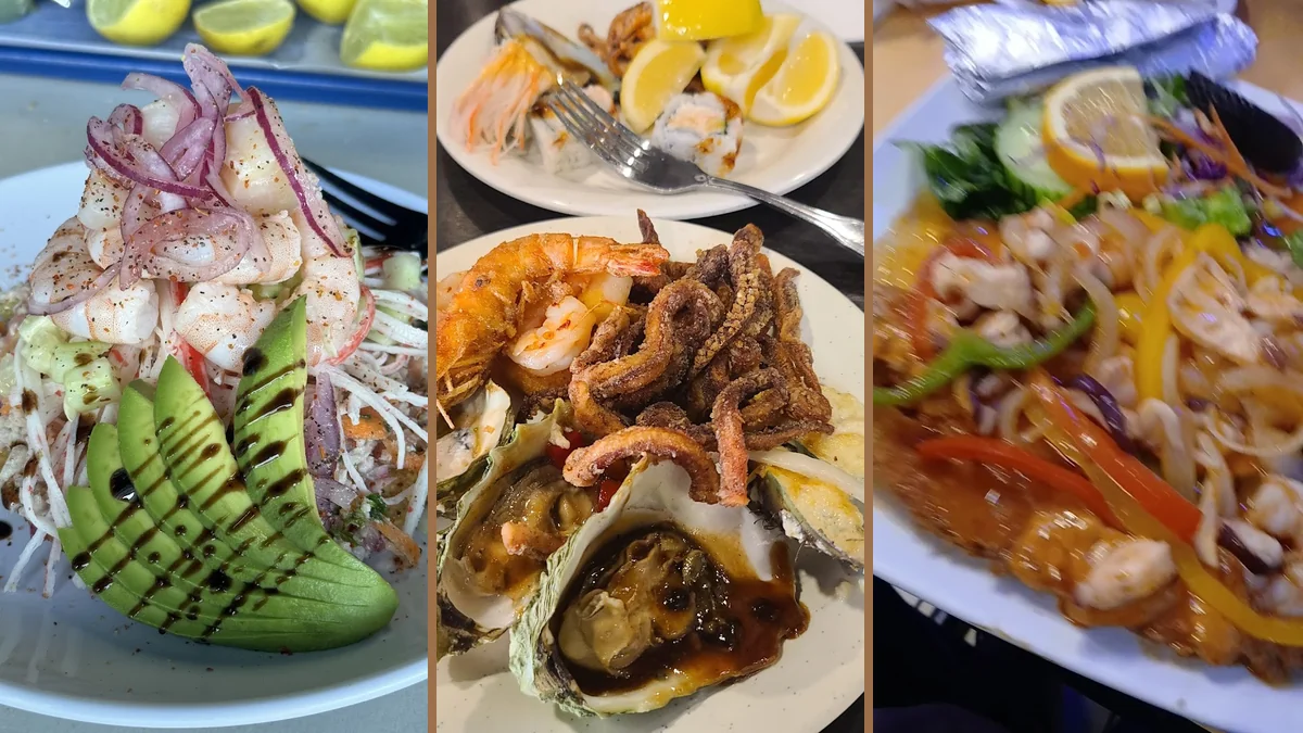 A simple seafood meal with drinks nearby.