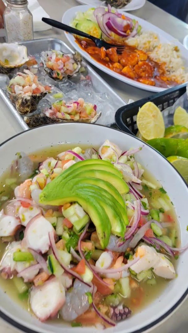 Seafood plates on a casual dining table.