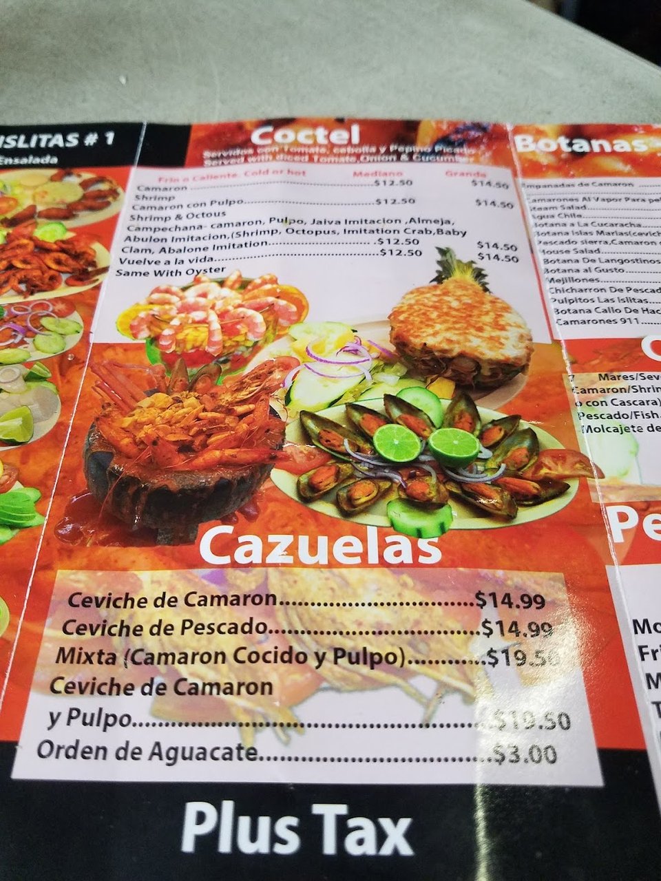 Menu page listing ceviche, tacos, and broths.